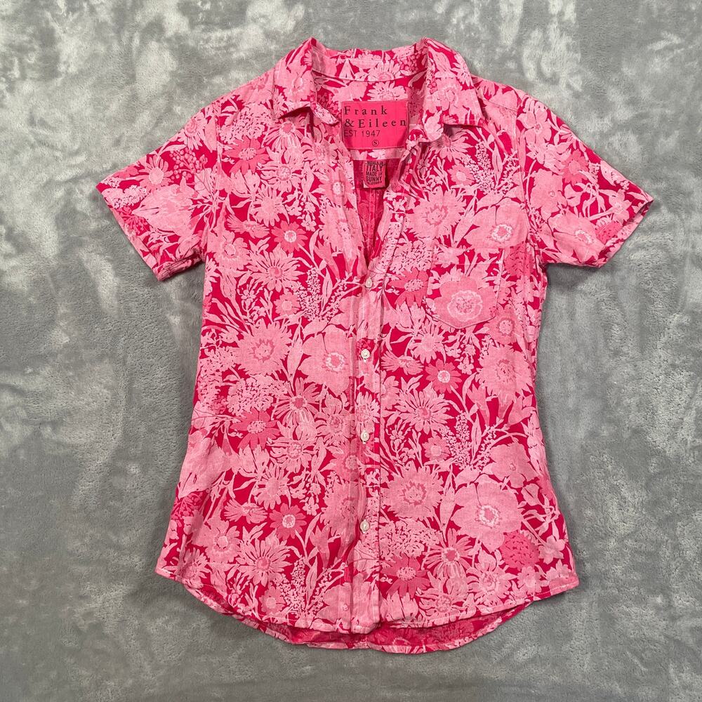 Frank Eileen Shirt Womens Small Pink Floral Barry Short Sleeve Linen Preppy
